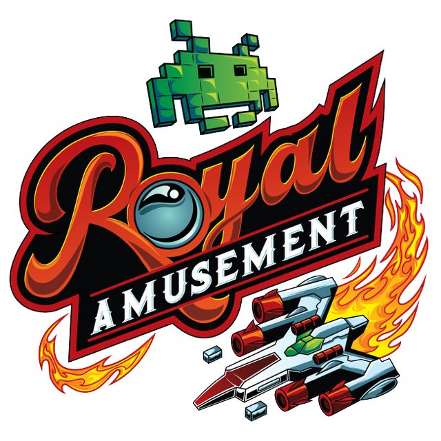 Logo Royal Amusement avec vaisseau spatial et alien.